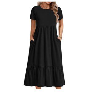 Women Plus Size Short Sleeve  BLACK Dress Loose Plain Casual NEW